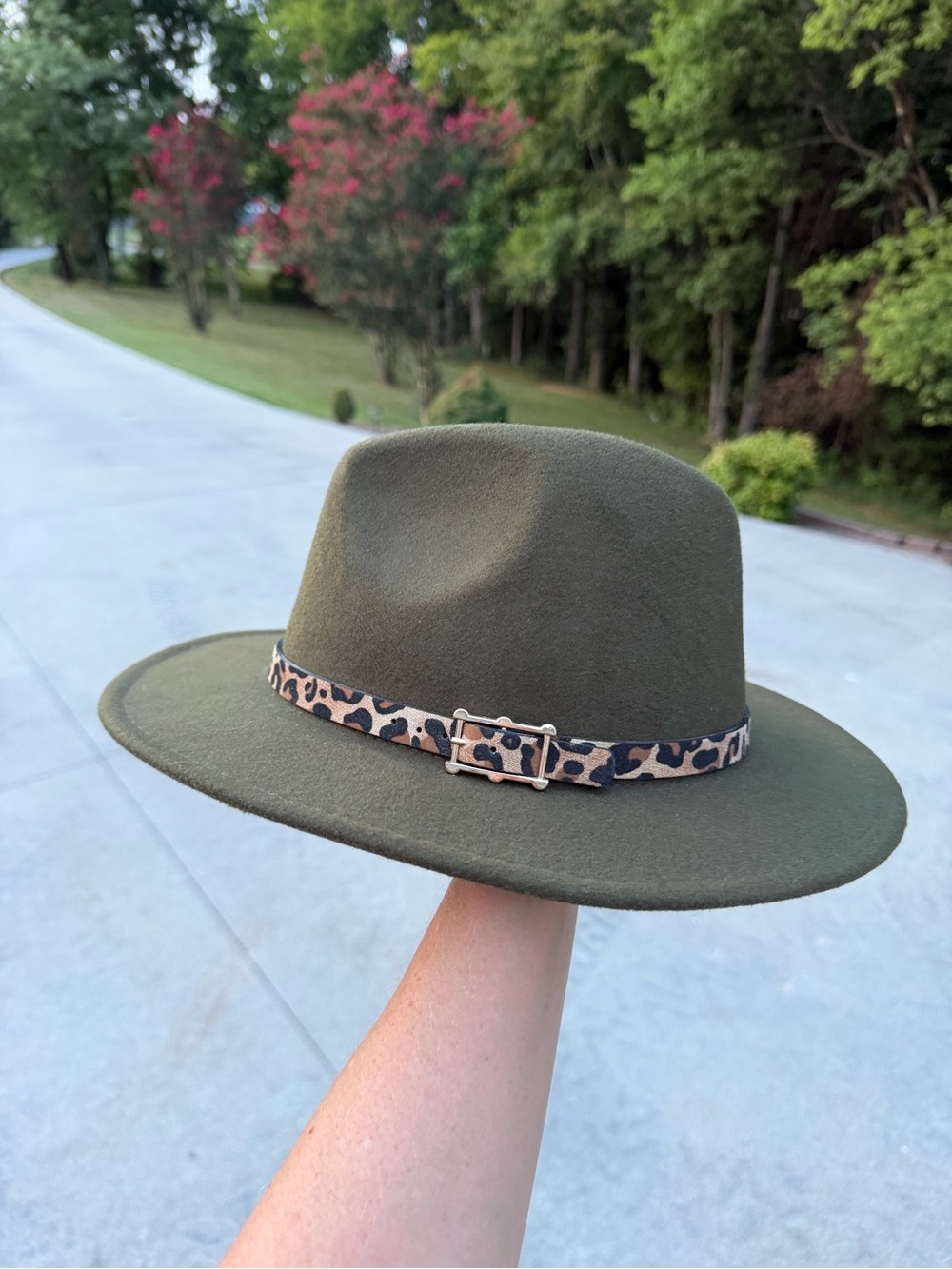 Olive Felt Fedora Hat with Leopard Accent Band